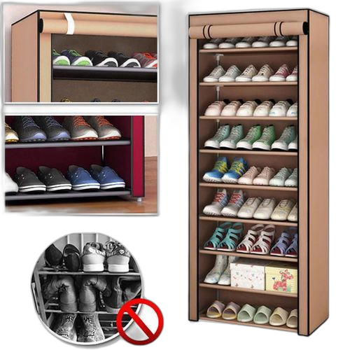 Étagère à chaussures à dix niveaux et neuf compartiments gris argenté