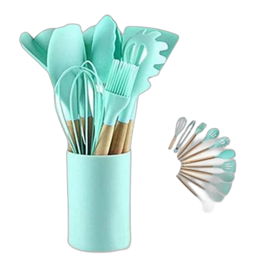 Ustensiles de cuisine en silicone ensemble d'ustensiles de cuisine poignées en bois résistant à la chaleur gadgets de cuisine gris outils pour ustensiles de cuisine antiadhésifs (agate verte 12pcs)