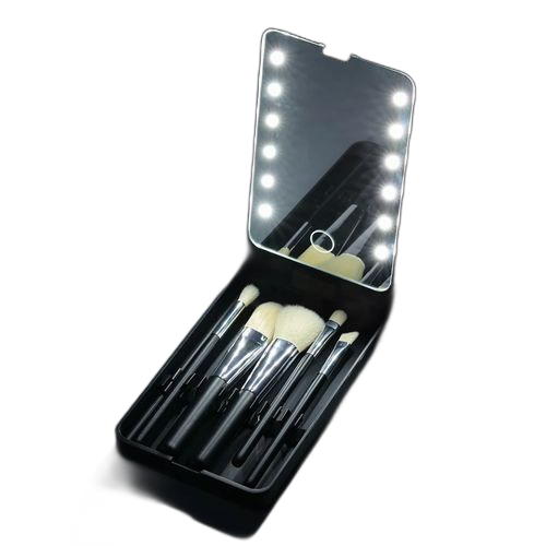 White and white miroir de maquillageled avec 5 pinceaux & boite pliante