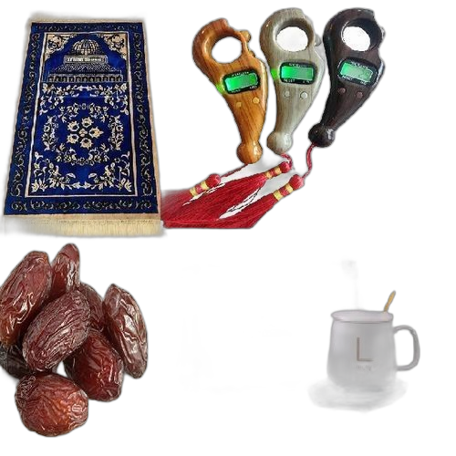 White label coffret ramandan:tapis de prière +chapelet électronique +tasse +dattes