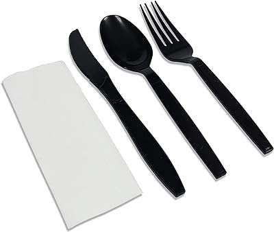 Ensemble de couverts en plastique noir avec serviette couteaux fourchettes cuillères et serviettes. Découvrez DIAYTAR COTE D'IVOIRE, votre destination en ligne pour des produits discount de qualité supérieure. Achetez des articles de maison, des appareils électroménagers, des équipements informatiques, des vêtements tendance et des gadgets innovants, le tout à des prix abordables qui ne vous feront pas perdre le sommeil.