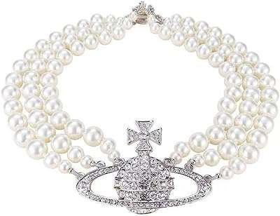 Collier de perles blanches pour femmes collier planète en cristal strass