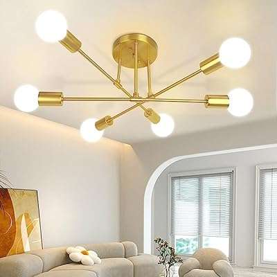 Lustre spoutnik moderne plafonnier semi avant avec 6 lumières dorées pour salon. Faites des économies sans compromettre la qualité grâce à DIAYTAR COTE D'IVOIRE . Notre large éventail de produits discount, allant des articles de maison à l'électroménager, de l'informatique à la mode, et même aux gadgets dernier cri, saura vous satisfaire, tout en vous offrant le meilleur rapport qualité-prix.