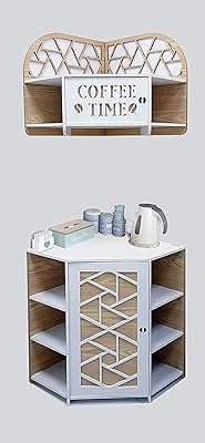 Coin café à deux niveaux en blanc et bois avec étagères de présentation et une armoire. DIAYTAR COTE D'IVOIRE  est votre allié pour des achats discount de qualité. Explorez notre boutique en ligne et découvrez notre gamme complète de produits pour la maison, l'électroménager, l'informatique, la mode et les gadgets, le tout à des prix avantageux qui ne sacrifient pas la qualité.