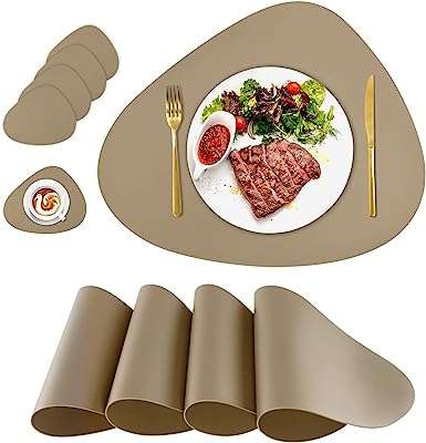 Ensemble de 4 sets de table de salle à manger avec sous verres lavables en cuir pour tables. DIAYTAR COTE D'IVOIRE  - L'adresse incontournable des chasseurs de bonnes affaires en ligne. Découvrez notre large gamme de produits à prix discount, allant des gadgets innovants aux appareils électroménagers dernier cri. Faites des économies sans sacrifier vos envies !