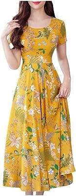 Robe longue florale à col rond et manches courtes pour femmes robe de soirée. DIAYTAR COTE D'IVOIRE  vous offre un large choix de produits discount, allant des appareils électroménagers dernier cri aux vêtements à la mode en passant par les gadgets les plus innovants. Faites vos achats en ligne en toute simplicité et bénéficiez de prix avantageux pour équiper votre maison avec style, sans vous ruiner.