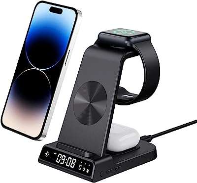 Chargeur sans fil pour iphone station de recharge 3 en 1 avec montre. DIAYTAR COTE D'IVOIRE  : la solution idéale pour des achats malins en ligne. Profitez de notre large gamme de produits discount, allant des appareils électroménagers essentiels aux dernières tendances de la mode, en passant par les accessoires informatiques indispensables, et économisez tout en vous faisant plaisir.