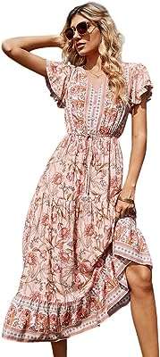Robe décontractée ceinturée à imprimé floral et col en v pour femme. DIAYTAR COTE D'IVOIRE  - Votre guichet unique pour des achats discount en ligne. Découvrez notre catalogue diversifié regorgeant de produits pour la maison, l'électroménager, l'informatique, la mode et les gadgets, le tout à des prix avantageux. Naviguez facilement sur notre site convivial et trouvez les meilleures offres pour vos besoins du quotidien.