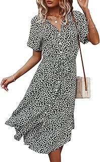 Robe d'été bohème à col en v et taille haute boutonnée pour femmes. DIAYTAR COTE D'IVOIRE  - Votre solution en ligne pour des achats malins à petit prix. Explorez notre vaste gamme de produits discount, des indispensables pour la maison aux dernières nouveautés en matière d'informatique, de mode et de gadgets. Économisez sans compromis sur la qualité en choisissant notre boutique en ligne.