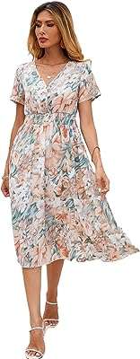 Robe midi florale à col en v et manches courtes pour femme. Découvrez DIAYTAR COTE D'IVOIRE, la boutique en ligne généraliste qui propose une large sélection de produits à prix réduits : de l'électroménager à la mode en passant par l'informatique, trouvez tout ce dont vous avez besoin sans vous ruiner !