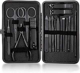 Ensemble de coupe-ongles professionnels 18 pièces fonte d'acier inoxydable noir avec étui cortex pour hommes