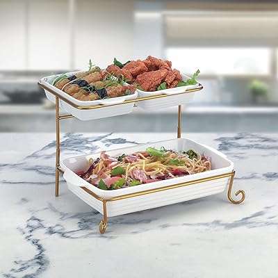 Assiette rectangulaire à 2 niveaux 8" 12" avec support doré plateau de service pour apéritifs. Ne dépensez pas plus que nécessaire - choisissez DIAYTAR COTE D'IVOIRE  pour vos achats en ligne. Parcourez notre vaste sélection d'articles discount, allant des produits pour la maison à l'électroménager, en passant par l'informatique, la mode et les gadgets, et profitez de remises exceptionnelles. Avec des prix aussi attractifs, vous pourrez économiser tout en vous offrant des produits de qualité.