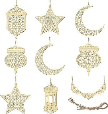 Décoration de l'aïd en bois 9 pièces pendentif mubarak avec lune étoiles lanterne et lumière. Achat malin en ligne ? C'est chez DIAYTAR COTE D'IVOIRE  ! Parcourez notre boutique en ligne généraliste et trouvez tout ce dont vous avez besoin à des prix réduits. Que ce soit pour équiper votre maison, mettre à jour votre garde-robe ou obtenir les derniers gadgets, notre sélection discount saura vous satisfaire sans vous ruiner !