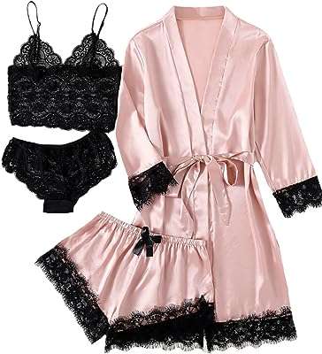 Ensemble pyjama 4 pièces en satin et dentelle florale pour femme avec robe. Votre satisfaction et votre budget sont nos priorités chez DIAYTAR COTE D'IVOIRE, la boutique en ligne où vous trouverez tout ce dont vous avez besoin à prix mini. Explorez notre vaste sélection de produits discount, des articles pour la maison aux accessoires high-tech en passant par les dernières tendances en mode. Profitez de nos offres exceptionnelles et faites des économies en toute confiance !
