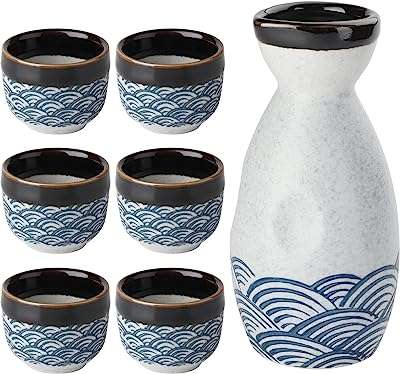 Ensemble de 7 sakés japonais en céramique comprenant 1 bouteille de saké et 6