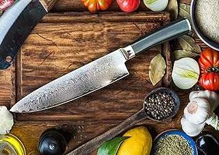 Couteau de chef en acier damas avec manche en micarta. DIAYTAR COTE D'IVOIRE, votre partenaire en ligne pour tous vos achats discount. Explorez notre catalogue diversifié comprenant des produits de maison, d'électroménager, d'informatique, de mode et de gadgets à des prix défiant toute concurrence. Faites des économies substantielles tout en profitant d'une qualité exceptionnelle grâce à DIAYTAR COTE D'IVOIRE .