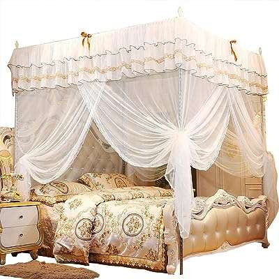 Rideau de lit princesse de luxe moustiquaire à 4 pôles rideau en dentelle. DIAYTAR COTE D'IVOIRE  - optimisez votre budget sans sacrifier la qualité ! Découvrez notre sélection discount allant des articles de mode aux équipements électroménagers, pour des économies garanties.