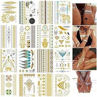 16 feuilles de tatouages ​​temporaires autocollants de tatouage métalliques imperméables faux ​​pailletés or argent pour décoration. DIAYTAR COTE D'IVOIRE  - Votre solution en ligne pour des achats malins à petit prix. Explorez notre vaste gamme de produits discount, des indispensables pour la maison aux dernières nouveautés en matière d'informatique, de mode et de gadgets. Économisez sans compromis sur la qualité en choisissant notre boutique en ligne.