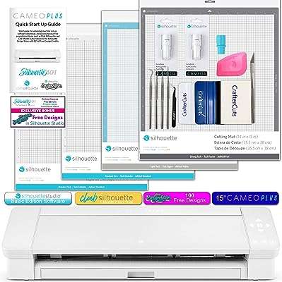 Silhouette cameo 4 plus bundle avec 2 lames automatiques 3 tapis. DIAYTAR COTE D'IVOIRE  - La solution idéale pour des achats discount en ligne. Explorez notre gamme complète de produits pour la maison, l'électroménager, l'informatique, la mode et les gadgets, et bénéficiez de tarifs compétitifs. Simplifiez votre expérience d'achat avec notre boutique en ligne conviviale et découvrez des offres imbattables.