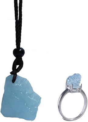 Ensemble d'aigue-marine avec pendentif en pierres précieuses brutes vernies et petite bague en alliage réglable pour femmes et hommes unisexe, pierre bleue blanche naturelle, pierre de naissance du mois de mars, bijoux cadeaux, pierre précieuse, aigue-marine. DIAYTAR COTE D'IVOIRE est une plateforme de commerce électronique qui permet aux clients d'accéder à une large gamme de produits, allant des produits alimentaires aux produits de beauté, en passant par les produits pour la maison et les loisirs. La boutique est équipée d'un système de paiement en ligne sécurisé et propose des options de livraison rapides et fiables. Les clients de DIAYTAR COTE D'IVOIRE bénéficient d'une garantie de satisfaction et d'un service client attentif.