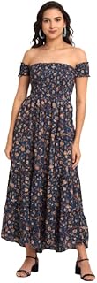 Robe smockée maxi/midi en rayonne à imprimé floral bleu foncé, épaules dénudées