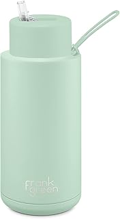 Bouteille de glace réutilisable doublée de céramique vert menthe avec couvercle en paille