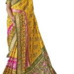 Sari en soie jaune pour femme avec chemisier non cousu marron