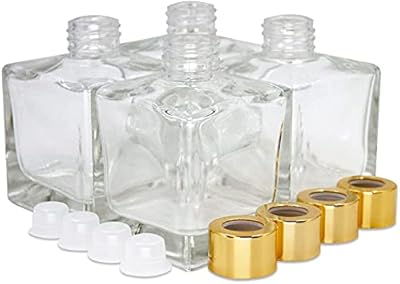 Flacons diffuseurs carrés en verre avec couvercles dorés de 3,7" de hauteur, accessoires
