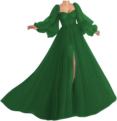 Robe de bal en tulle à manches bouffantes, fente en cœur, robe