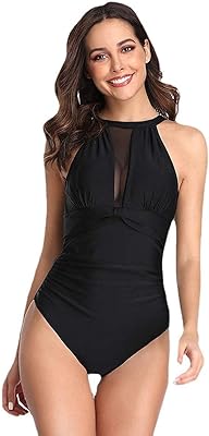 Maillot de bain une pièce pour femme, col haut, à volants, en maille