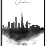Une décoration murale imprimée en forme de skyline de dubaï, à l'aquarelle