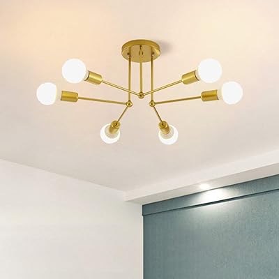 Lampes de plafond modernes jaycomey, 6 ampoules e27 base dorée spoutnik, plafonnier semi-brillant