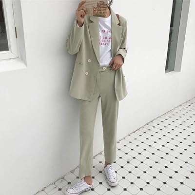 Lssjluh costume croisé vert clair femme costume femme blazer pantalon crayon ensemble 2