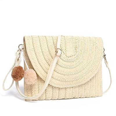 Sac à bandoulière en paille pour femmes, pompon tricoté à la main, sac