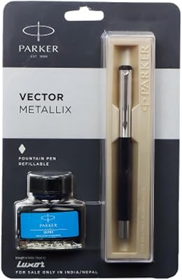 Stylo plume métallique parker victor avec bordure argentée et bouteille d'encre bleue quinque