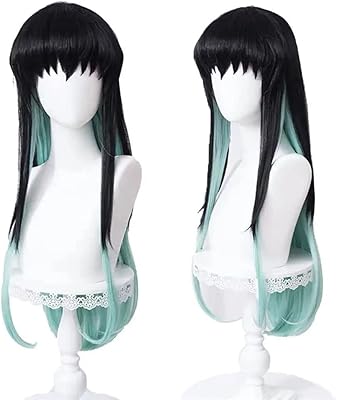 Perruque muichiro tokito cosplay longue noire verte, accessoires de costume d'anime avec bonnet