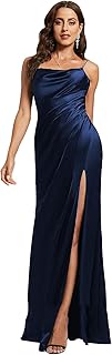 Robe de demoiselle d'honneur longue froncée en satin de soie, bretelles spaghetti, robe