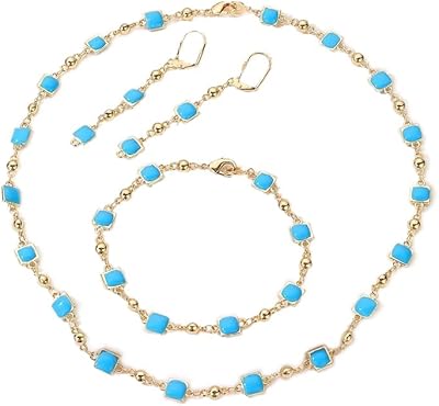 Ensemble de bijoux 4 pièces plaqué or 18 carats turquoise géométrique, alliage de cuivre, sans pierres précieuses. DIAYTAR COTE D'IVOIRE se démarque par sa large sélection de produits provenant de marques locales et internationales. Elle propose régulièrement des promotions et des offres spéciales pour fidéliser ses clients et attirer de nouveaux. L'expérience d'achat est rendue encore plus pratique grâce à une interface utilisateur intuitive et facile à naviguer.