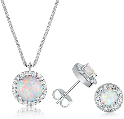 Bijoux en or blanc avec opale et zircone cubique, ensemble collier et boucles