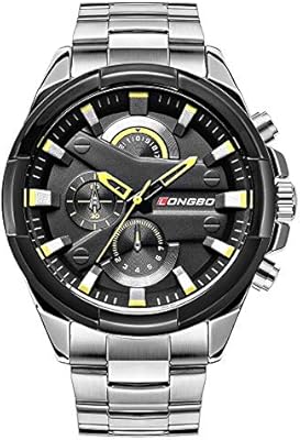 Montre analogique longbo pour homme (cadran noir et bracelet argenté)