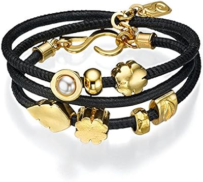 Collier bracelet en cuir noir au design si smadar, parsemé de perles