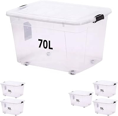 Boîte de rangement primify de 70 litres avec couvercle verrouillable et roulettes
