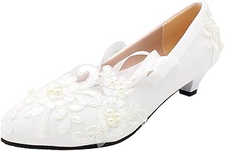 Chaussures élégantes en dentelle brodée pour femmes à talons plats-bas-moyens blanches avec perles