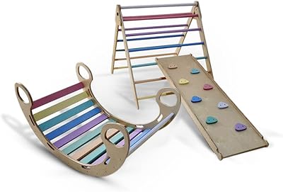 Ensemble de triangles pikler pliables multicolores moon kids avec rampe réversible et toboggan