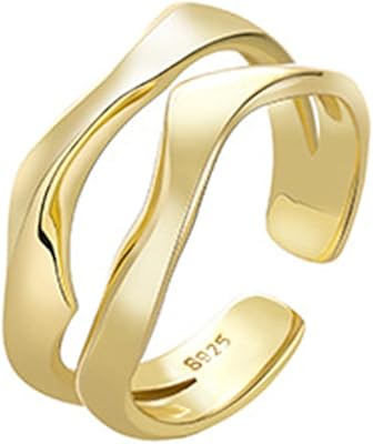 Bague ouverte double couche en argent sterling 925 pour femmes et filles, plaqué or 18 carats, argent hypoallergénique, délicat, irrégulier, ondulé, large bande réglable pour femme. DIAYTAR COTE D'IVOIRE est le leader du commerce en ligne en Côte d'Ivoire, avec une offre de produits très diversifiée et à des prix compétitifs. La boutique en ligne garantit une livraison rapide et sécurisée de vos commandes, ainsi qu'un service client de qualité. Les clients peuvent également profiter de promotions et de réductions régulières.
