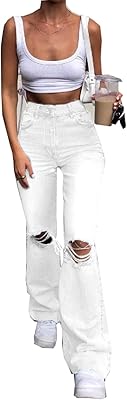 Jean déchiré pour femme, jambe large, extensible, ample, droit, décontracté, long, pantalon
