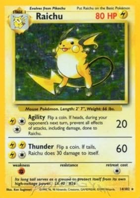 Pokémon - raichu (14/102) - collection de base - holo. En tant que leader du commerce en ligne en Cote d'Ivoire, DIAYTAR COTE D'IVOIRE propose une vaste gamme de produits allant de l'électronique à la mode, en passant par les produits ménagers et bien plus encore, avec plus de 300000 références. La boutique garantit une expérience d'achat en ligne fluide et sécurisée, avec des options de paiement flexibles et des délais de livraison rapides. DIAYTAR COTE D'IVOIRE est là pour satisfaire les besoins de tous les consommateurs.