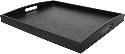 Grand plateau de service de petit-déjeuner rectangulaire en bois noir avec poignées dilman