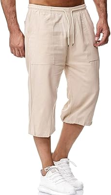 Short capri en coton et lin pour hommes avec cordon de serrage élastique