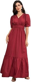 Robe longue élégante avec col en v et manches régulières, couleur unie